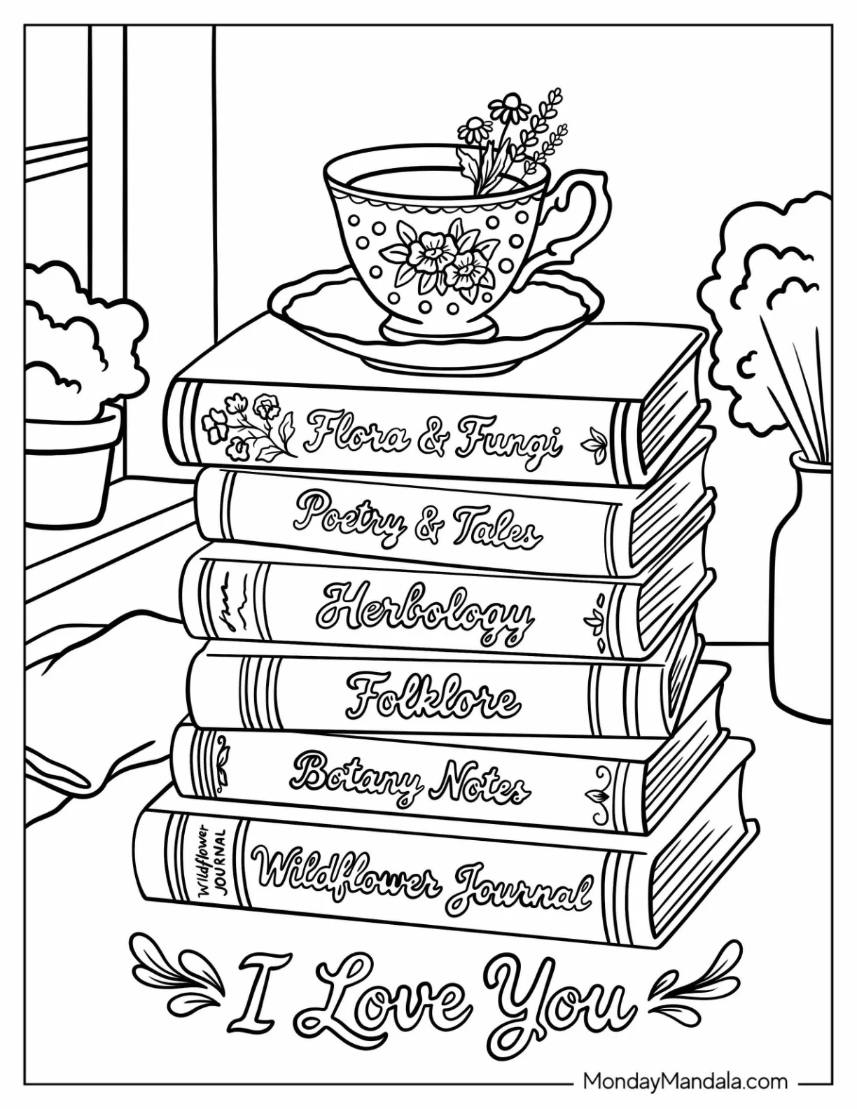 I Love You Stack of Books with Teacup Coloring Sheet coloring page