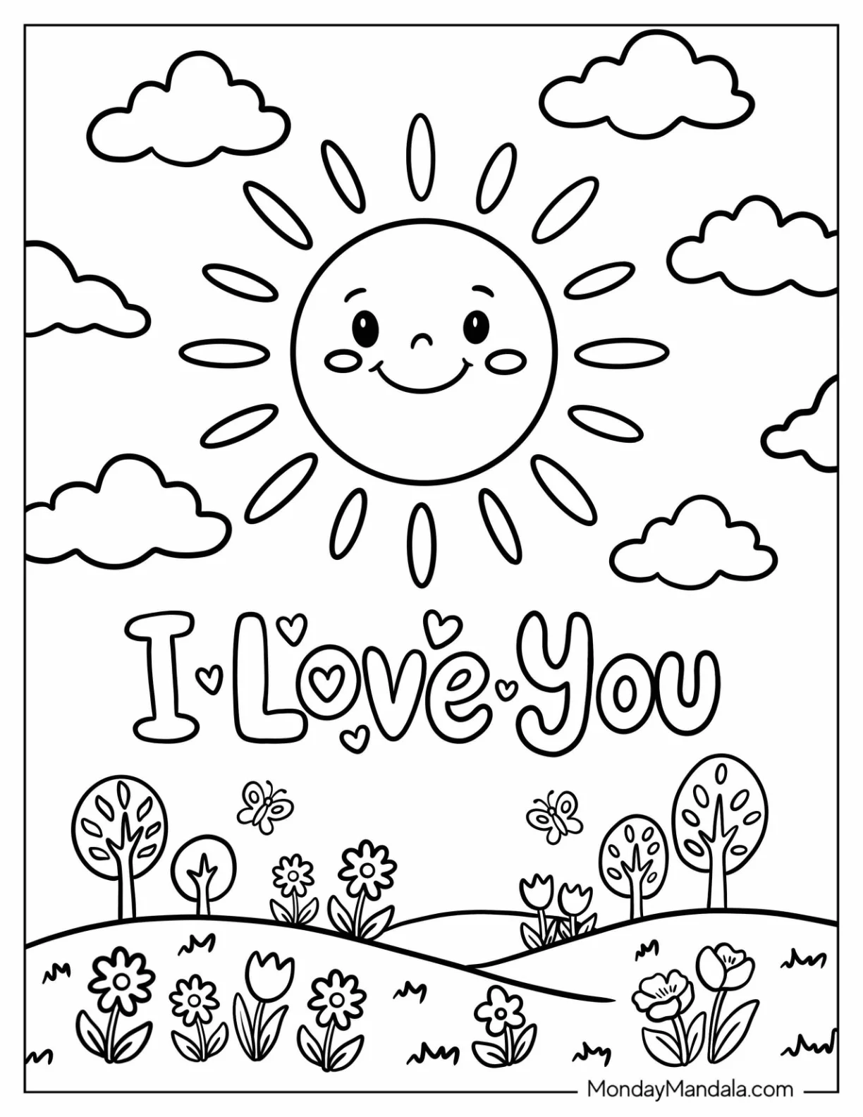I Love You Sunny Flower Meadow Coloring Page for Kids coloring page