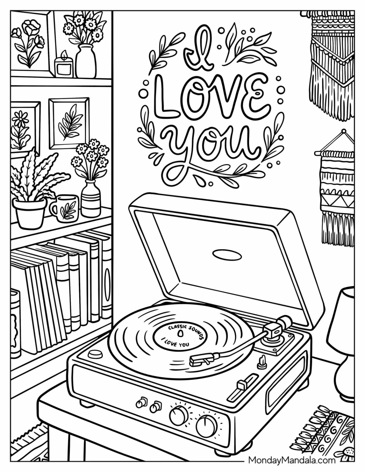 I Love You Text on Wall with Record Player in the Living Room coloring page — printable line art