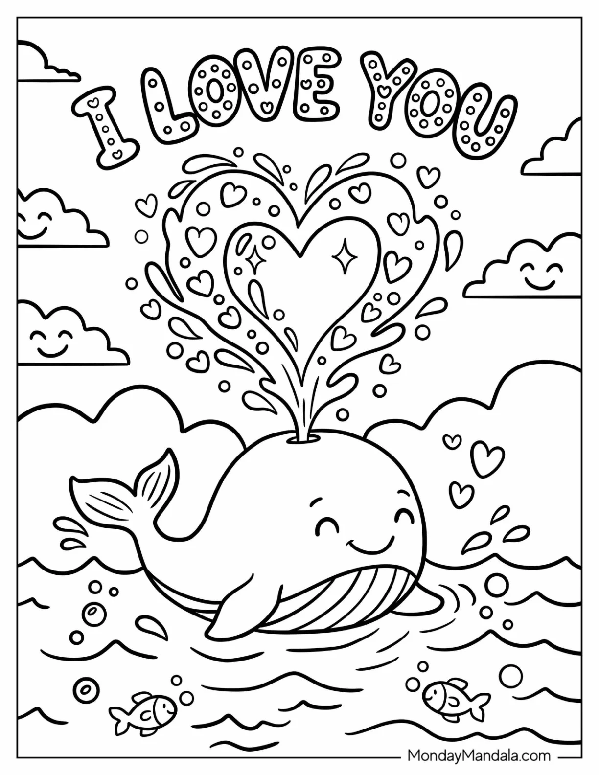 I Love You Whale Spraying Heart Water coloring page — printable line art