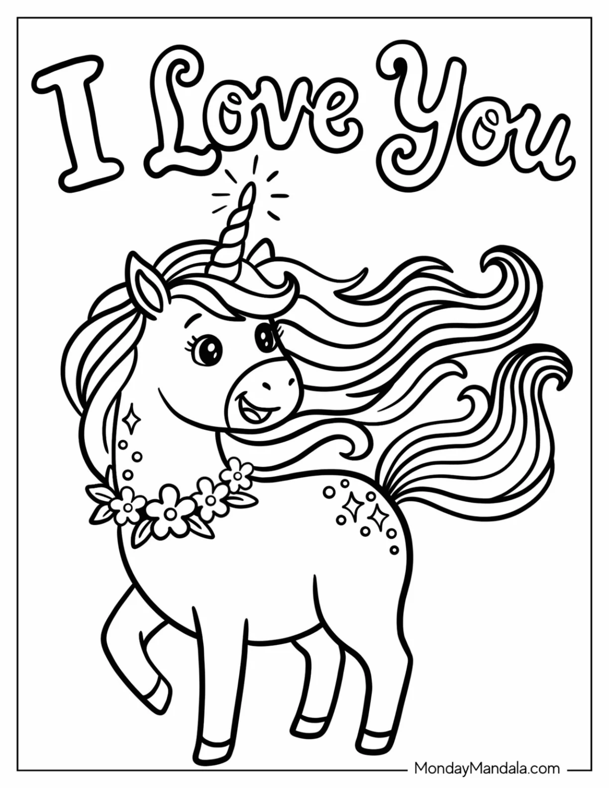 Kawaii I Love You Unicorn with Flowing Mane Coloring Page for Kids coloring page