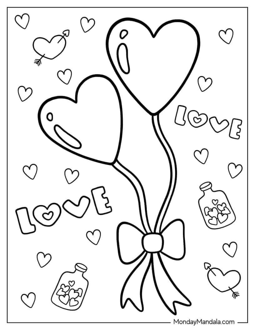 Love Heart Shaped Balloons To Color coloring page — printable line art