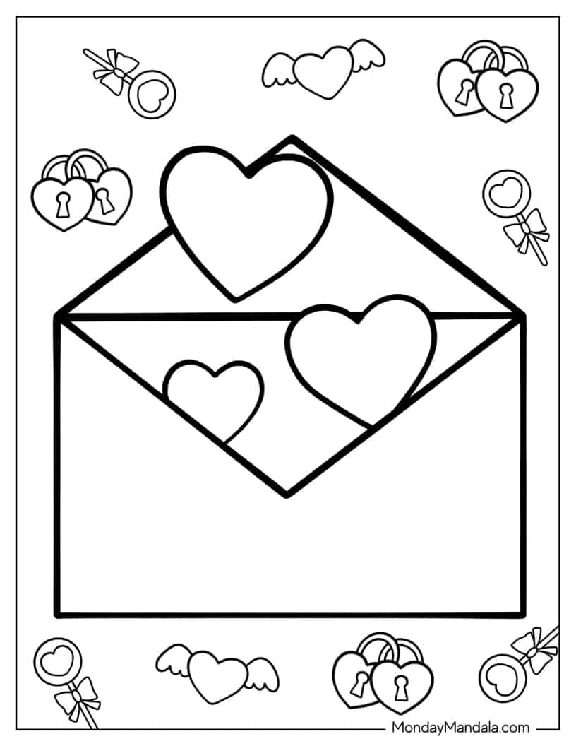 Love Hearts Coming Out Of Envelope coloring page