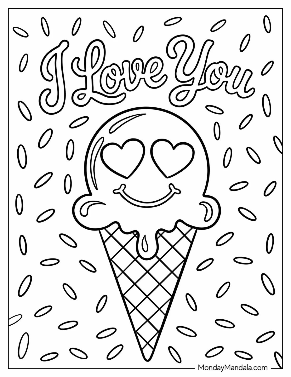 Melting Ice Cream Cone Saying I Love You Coloring Page with Fun Sprinkle Background coloring page — printable line art