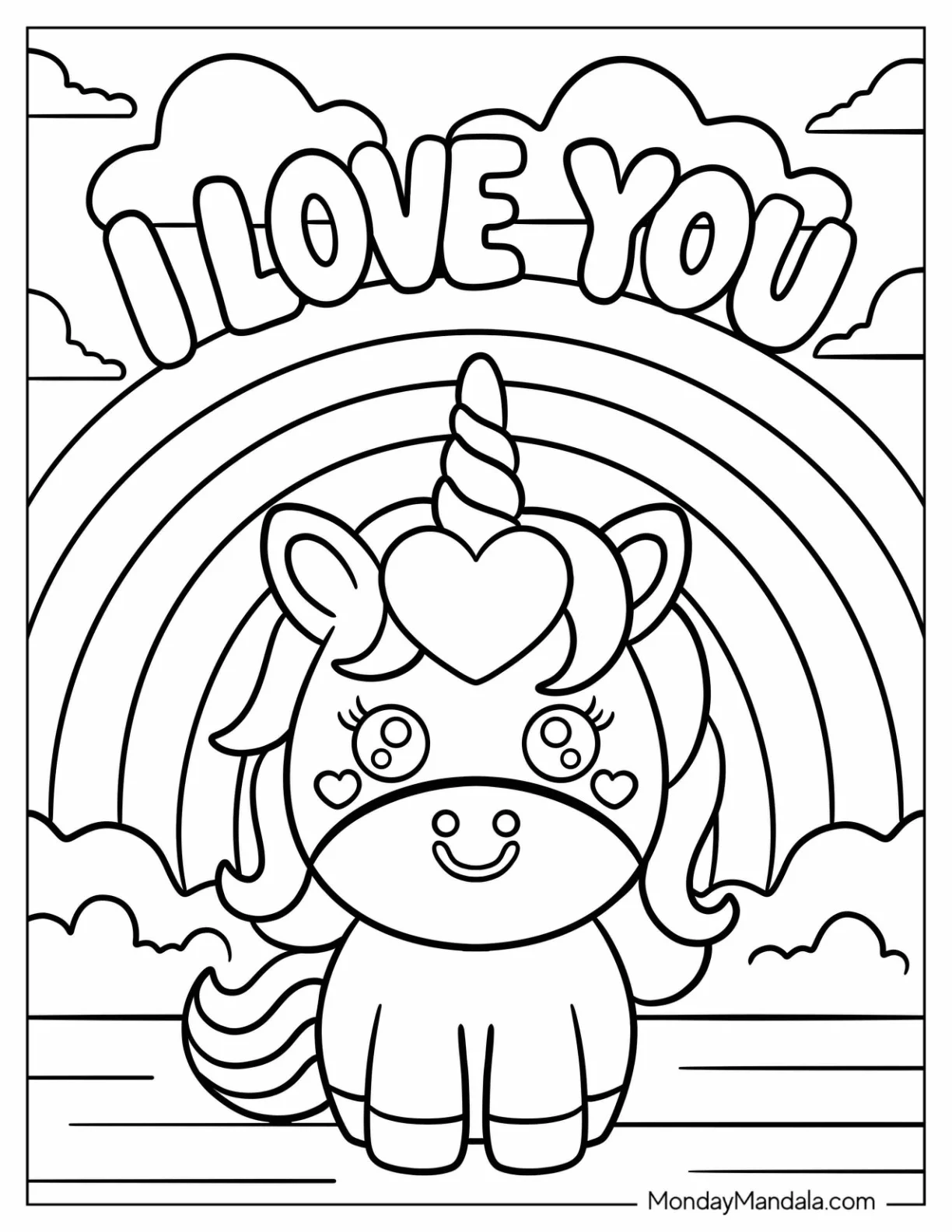 Rainbow Unicorn with Sparkly Eyes and a Big I Love You Coloring Page Greeting For Kids coloring page