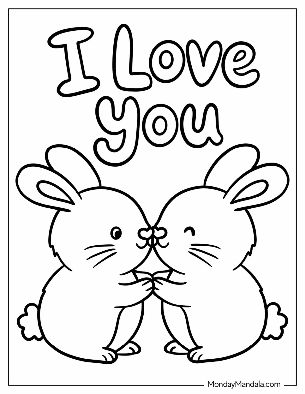 Simple I Love You Bunnies Sharing a Flower Coloring Page for Preschoolers coloring page