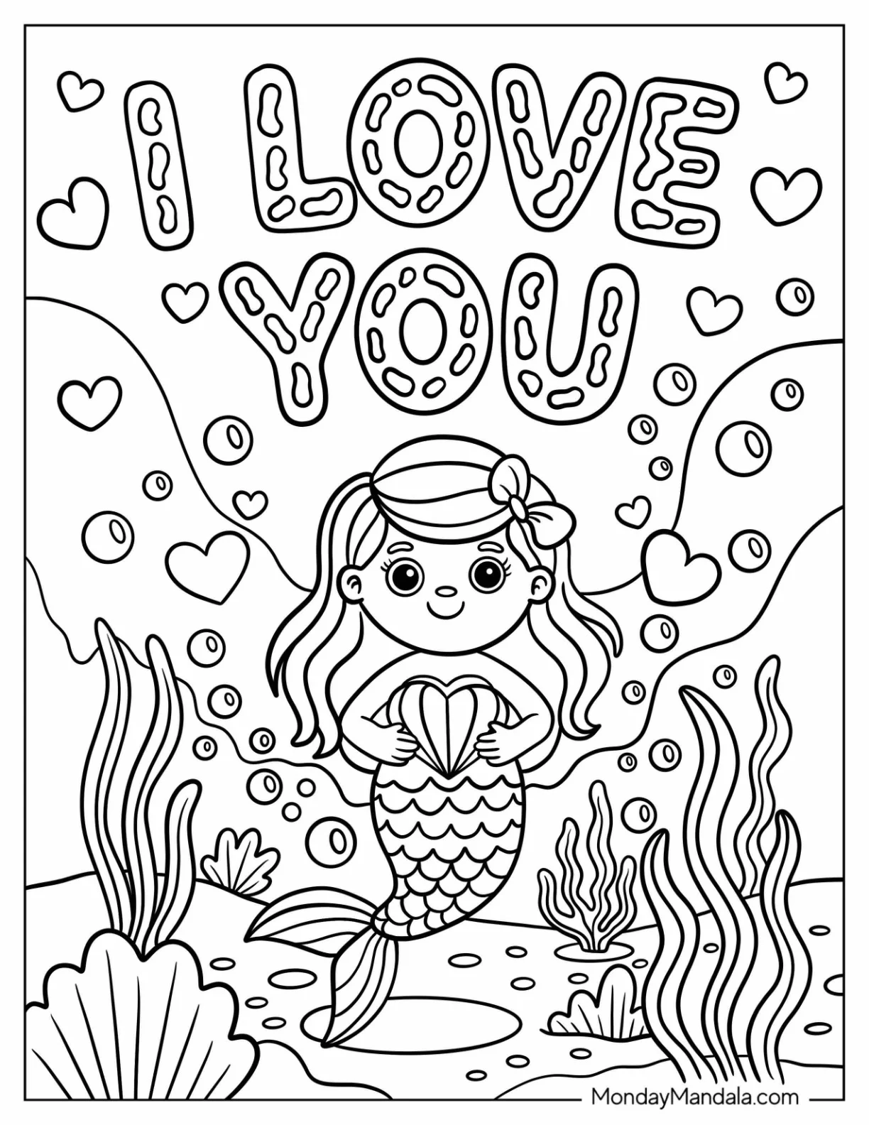 Sweet Mermaid Holding a Heart Under the Sea I Love You Coloring Page For Kids coloring page — printable line art