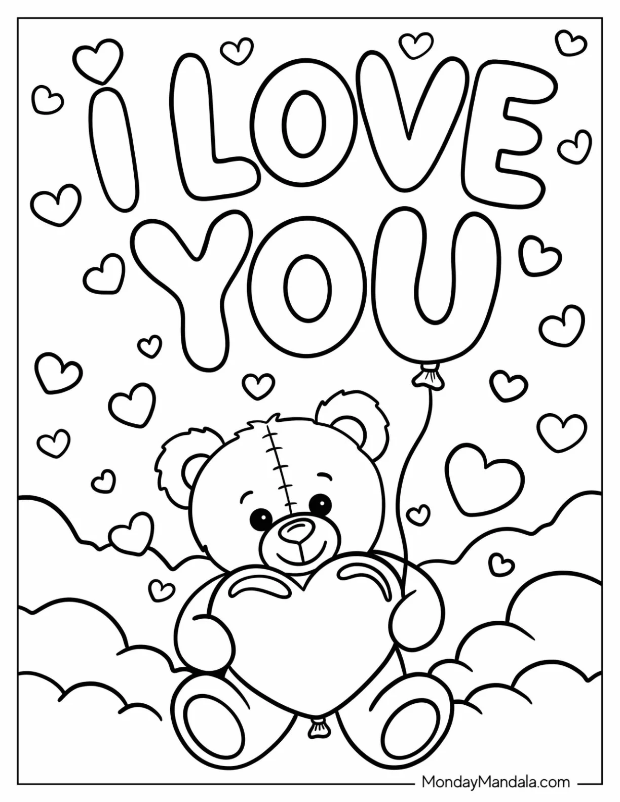 Teddy Bear Holding Heart and Balloon with I Love You Coloring Page Text In The Clouds coloring page — printable line art