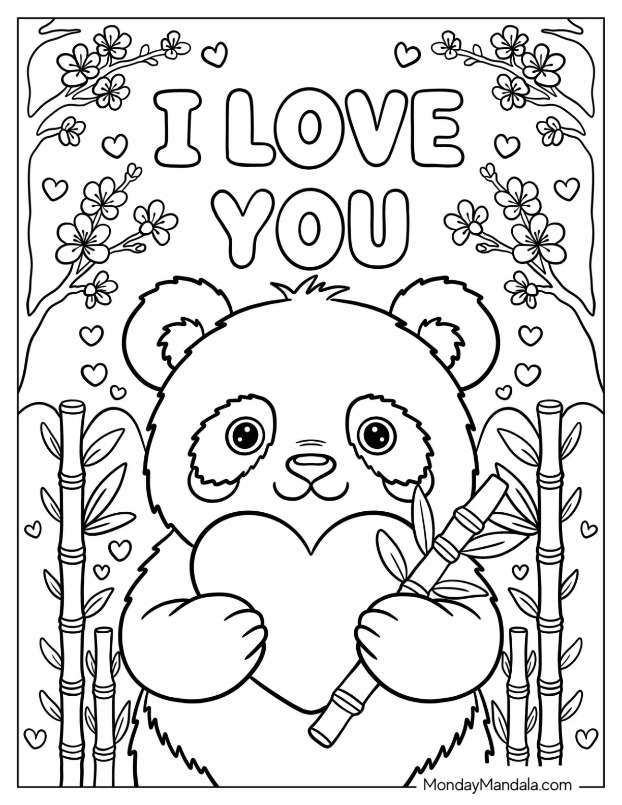Valentine Panda with Cherry Blossoms and Bamboo I Love You Coloring Page coloring page — printable line art