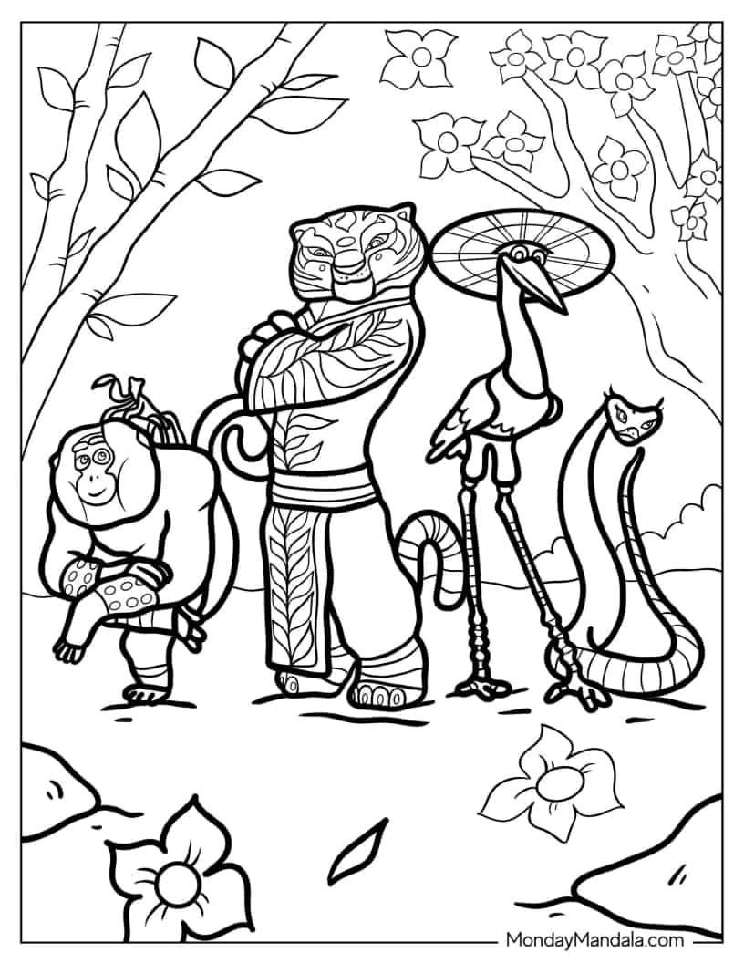 Monkey, Tigress, Mr. Ping, And Viper coloring page