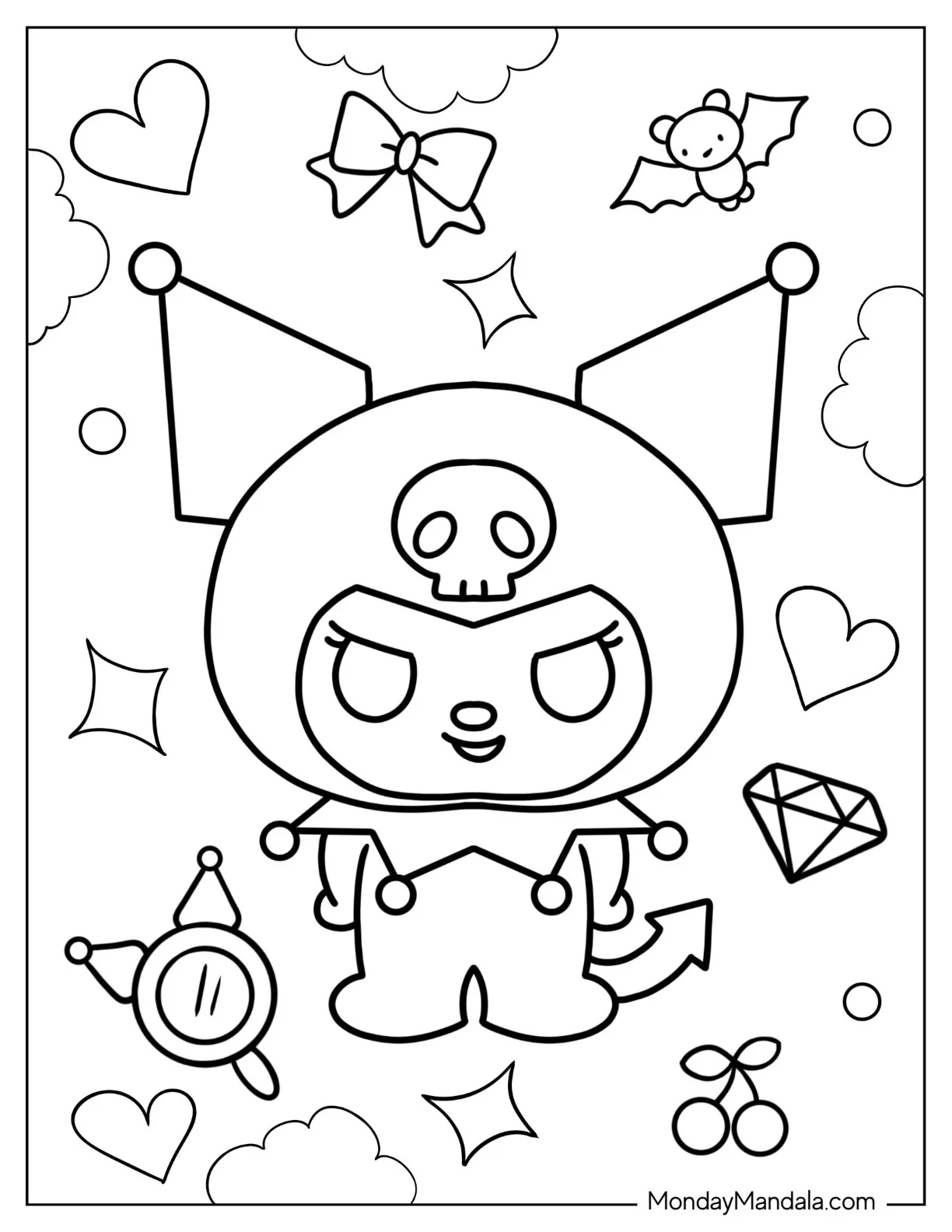 Chibi Kuromi Coloring Page With Bats And Hearts coloring page