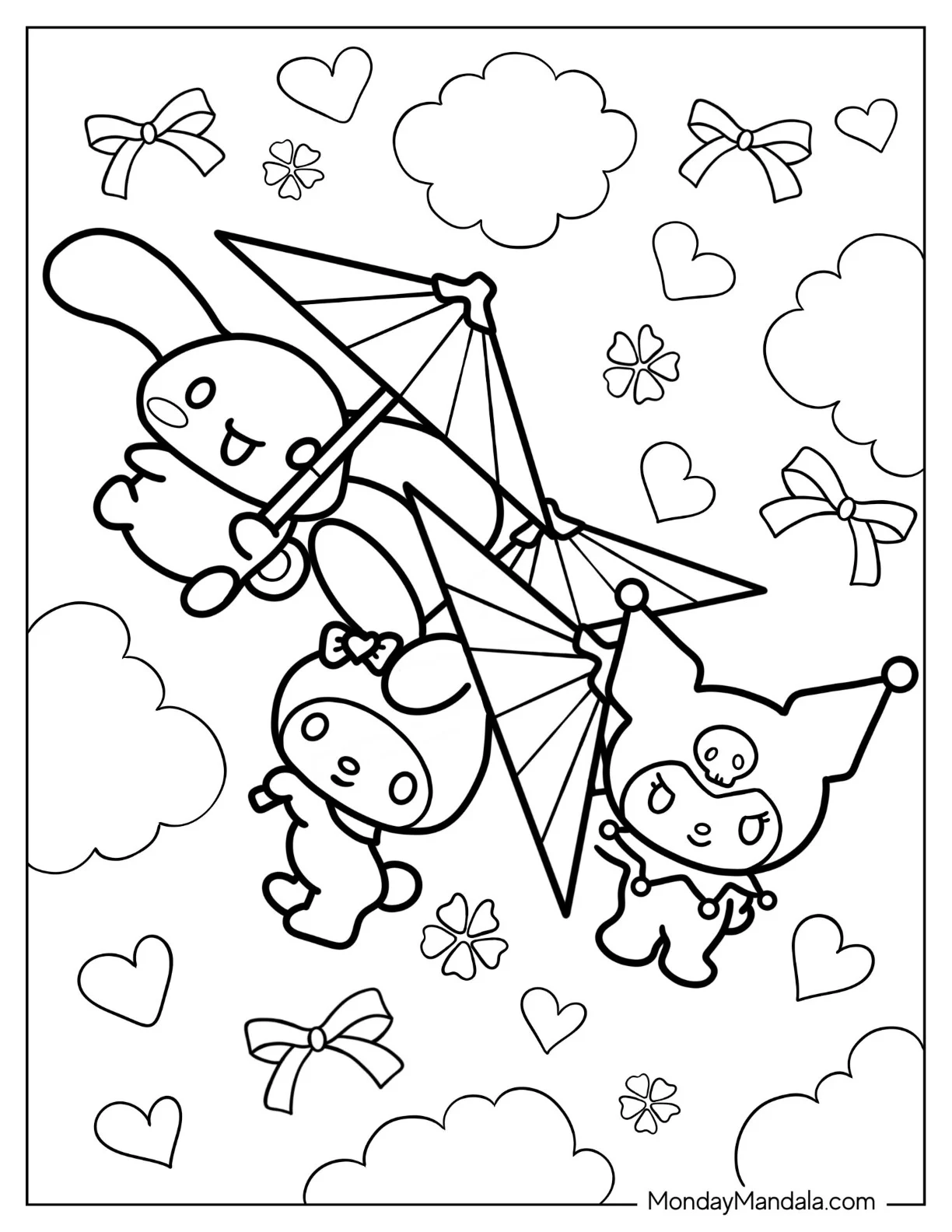Cinnamoroll, My Melody, And Kuromi Coloring Page In The Sky With Wagasa coloring page