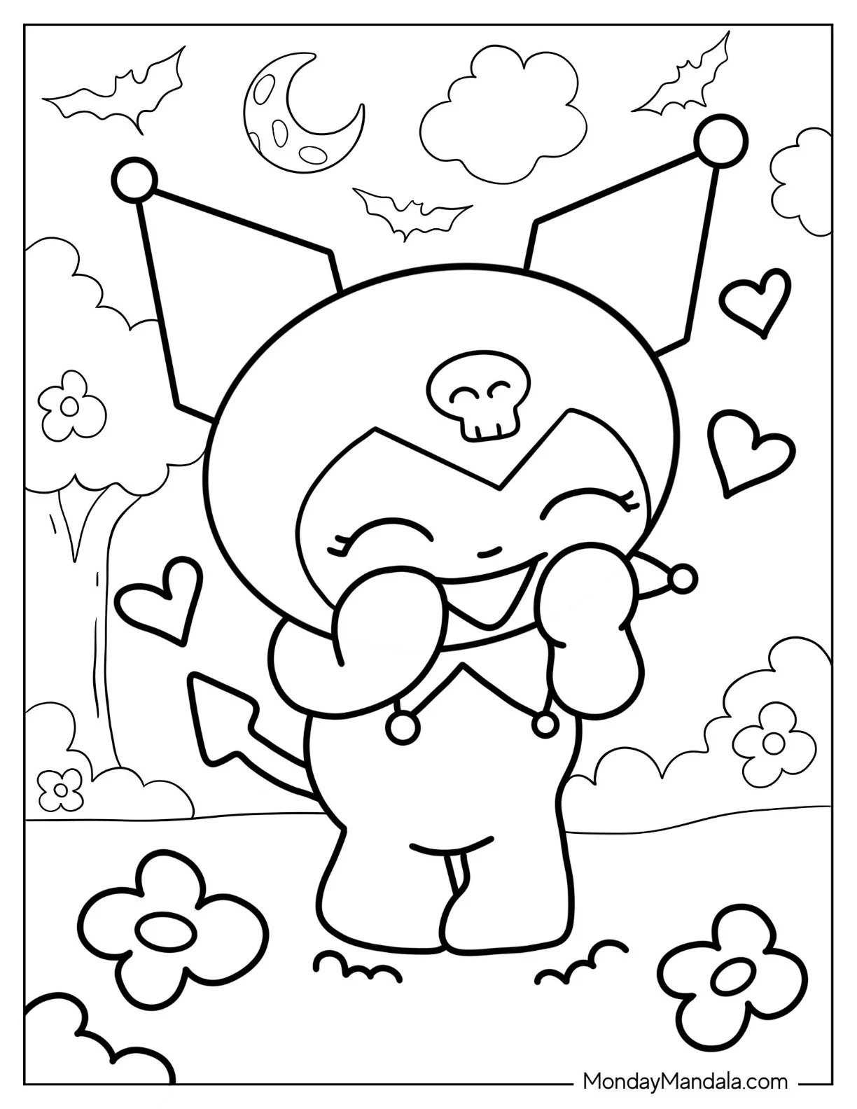 Happy Kuromi Coloring Page Standing In Flower Field coloring page