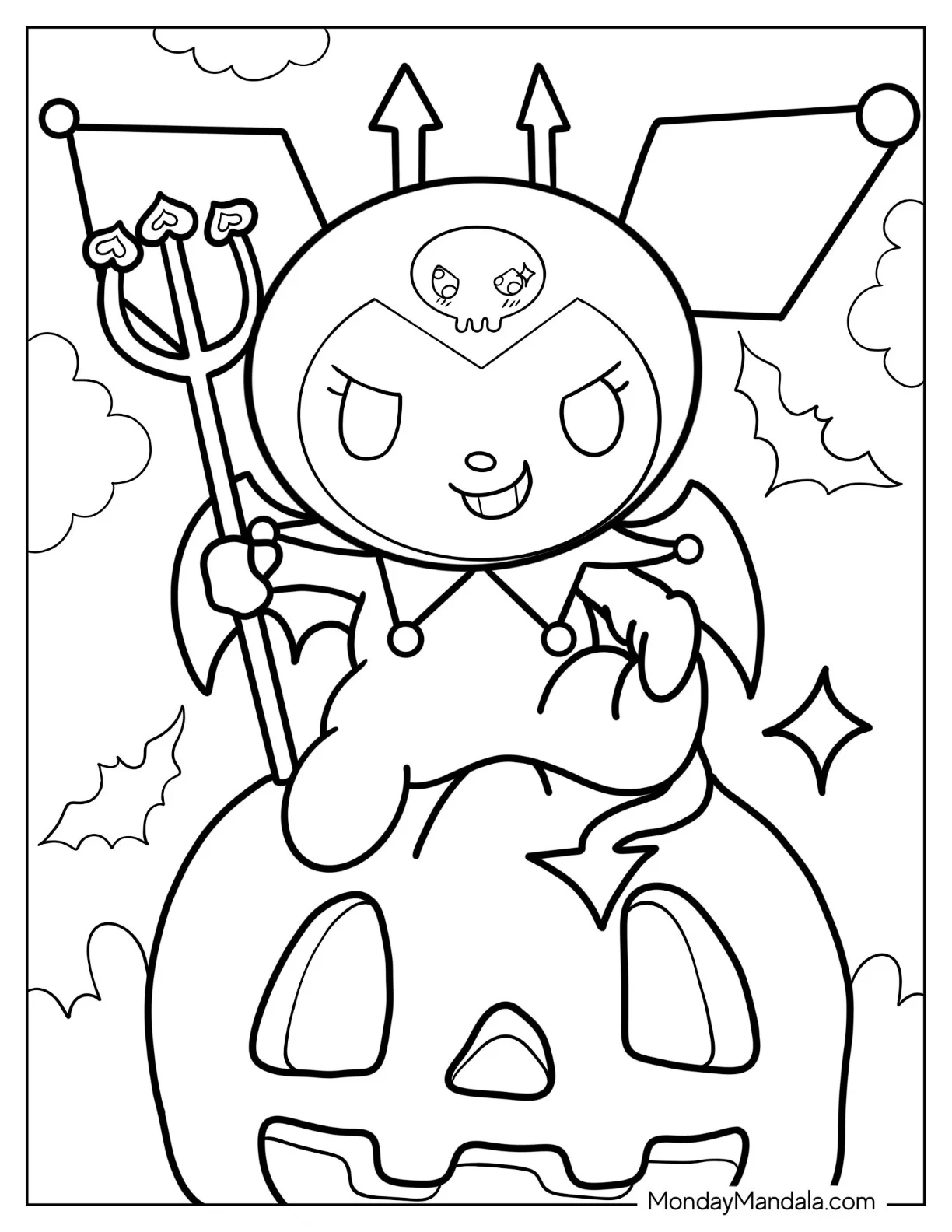 Kuromi Coloring Page Holding Trident While Sitting On Jack O Lantern Halloween coloring page