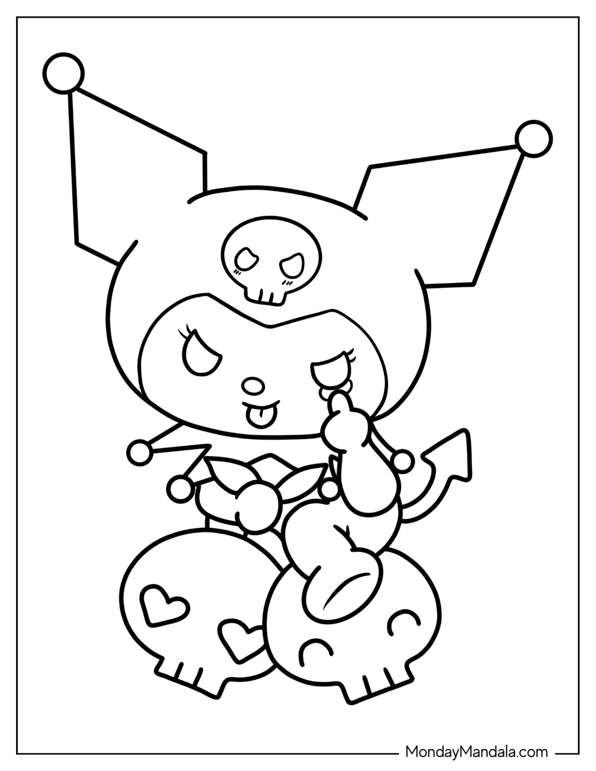 Kuromi Coloring Page Making Face While Sitting On Skulls coloring page