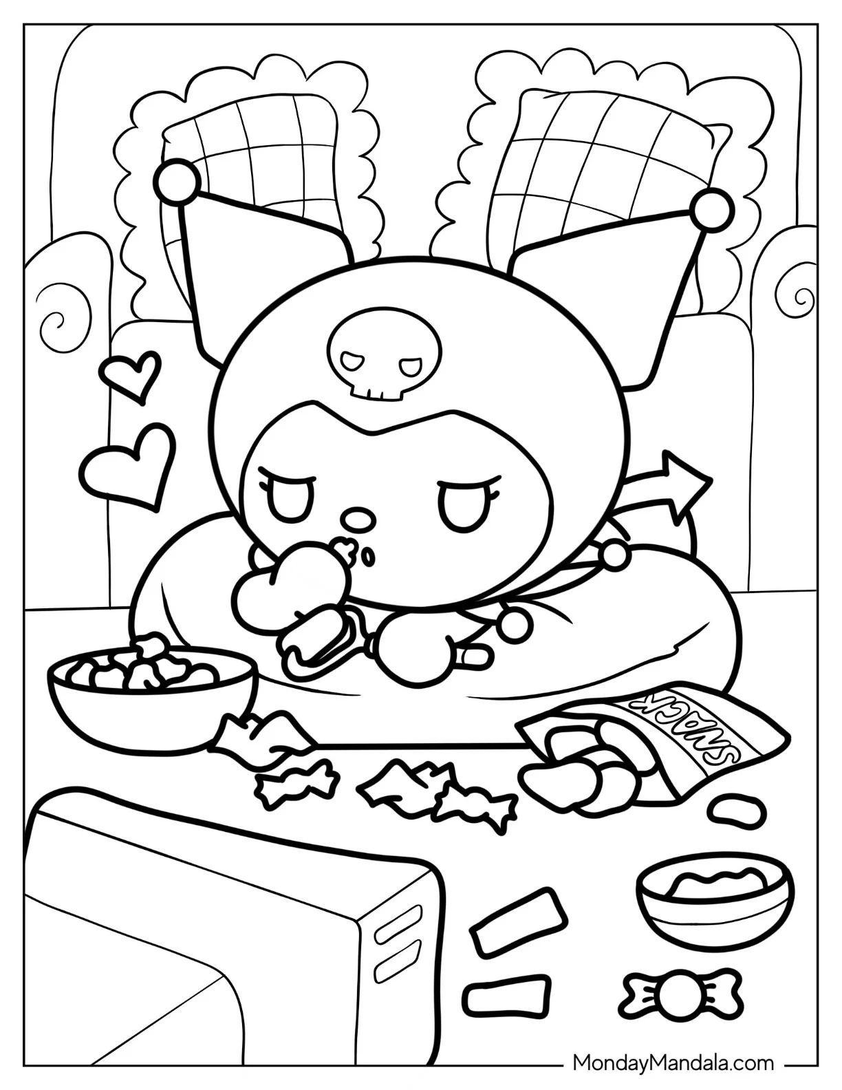 Lazy Kuromi Coloring Page Eating Popcorn And Chips coloring page
