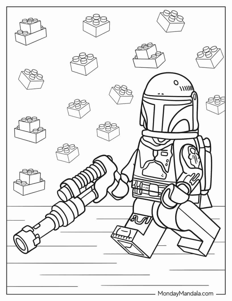 Boba Fett with Beskar Armor, Jet Pack, and Blaster coloring page — printable line art