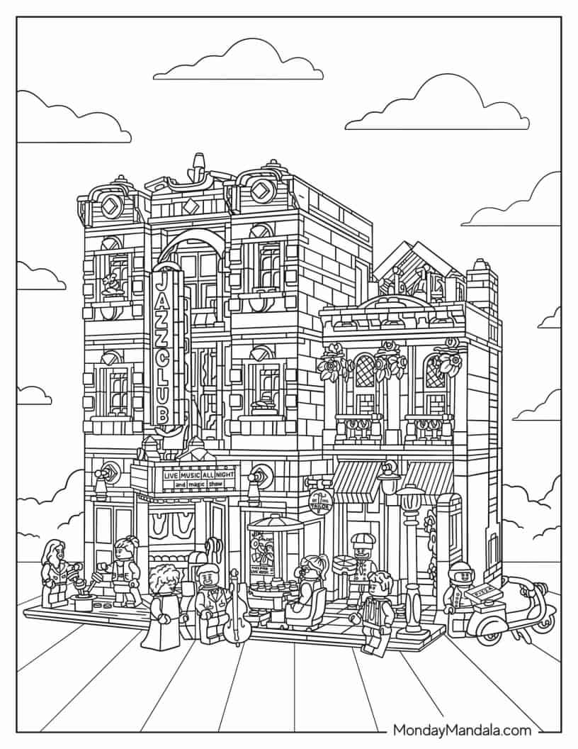 Detailed LEGO Icons 10312 Jazz Club Coloring In coloring page — printable line art
