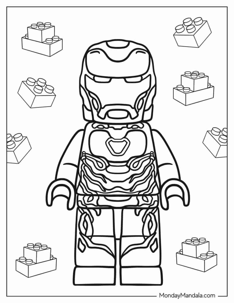 Kawaii Lego Iron Man coloring page — printable line art