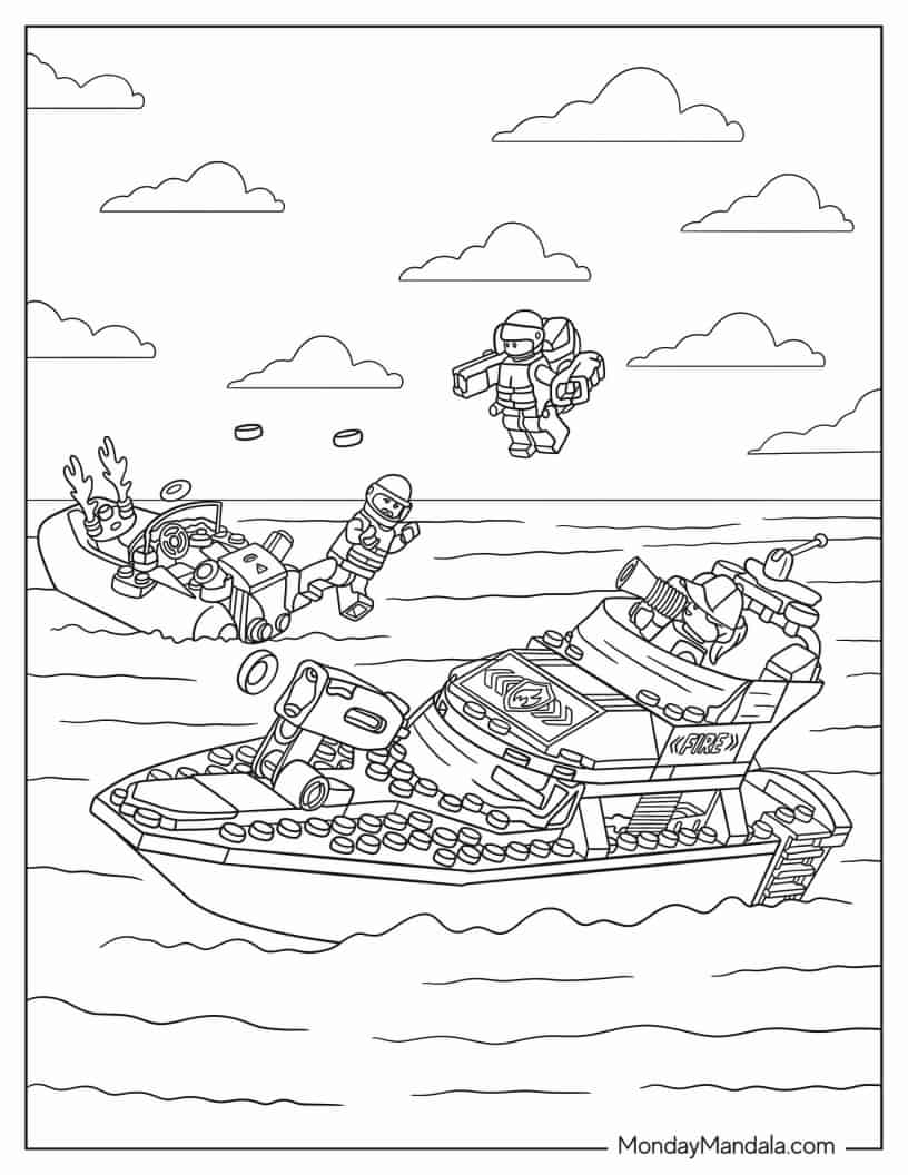 Lego City Fire Rescue Boat Coloring In coloring page — printable line art