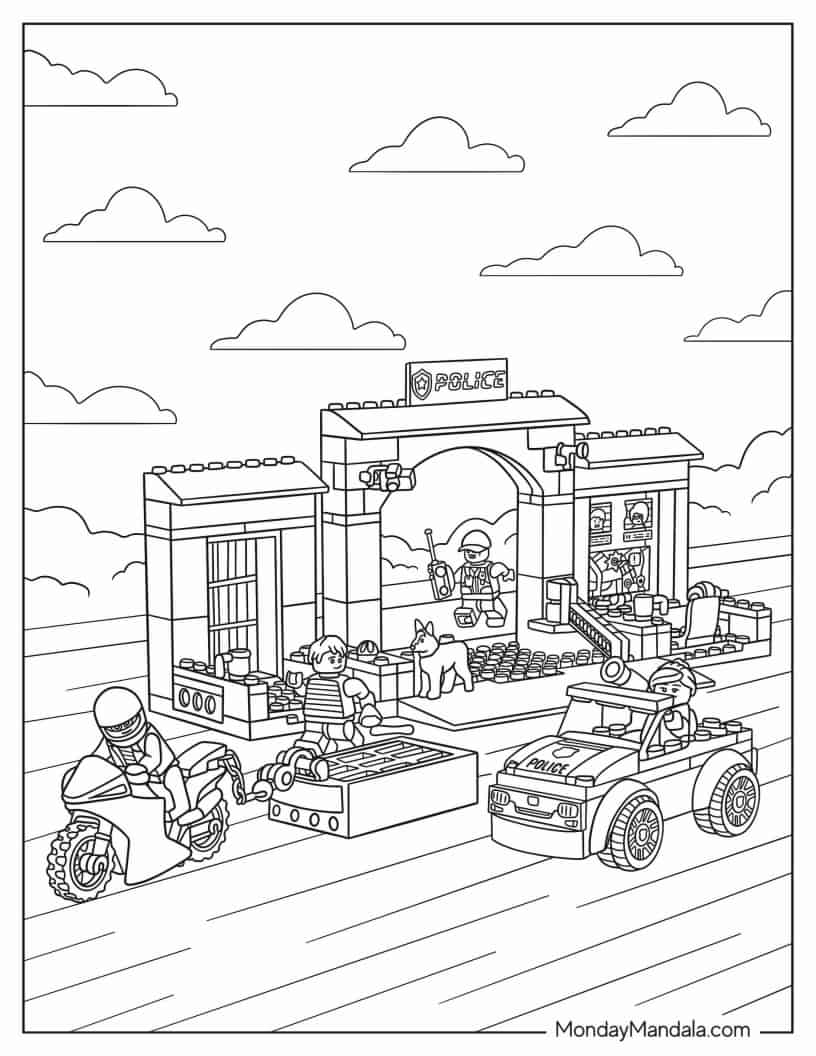 Lego City Police Station Chase Coloring In coloring page — printable line art