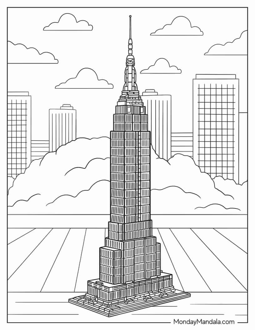 Lego Empire State Building coloring page — printable line art