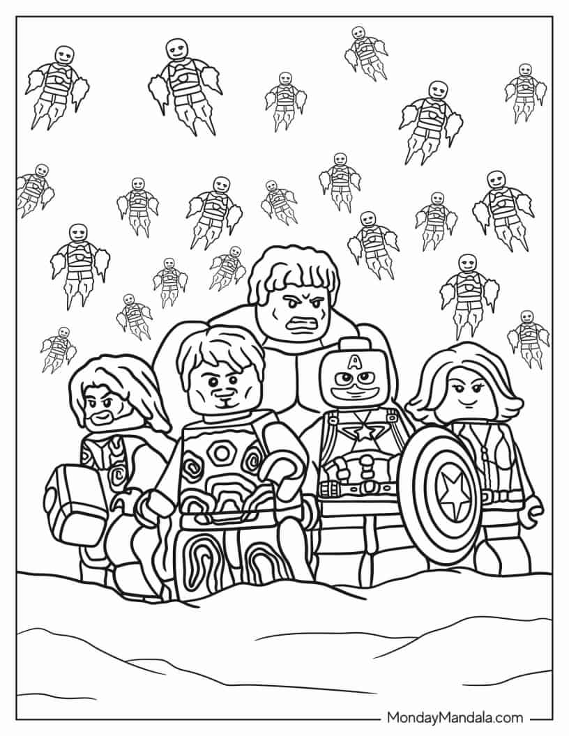 Lego Iron Man, Thor, Hulk, Black Widow, Captain America Coloring Sheet coloring page — printable line art