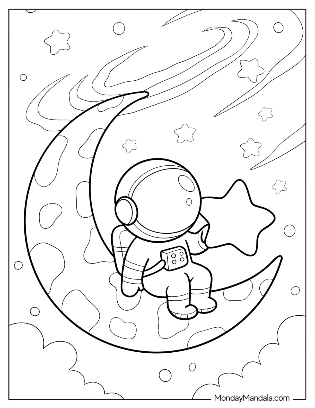 Chibi Astronaut Sitting on a Crescent Moon Coloring Page in Space for Kids coloring page