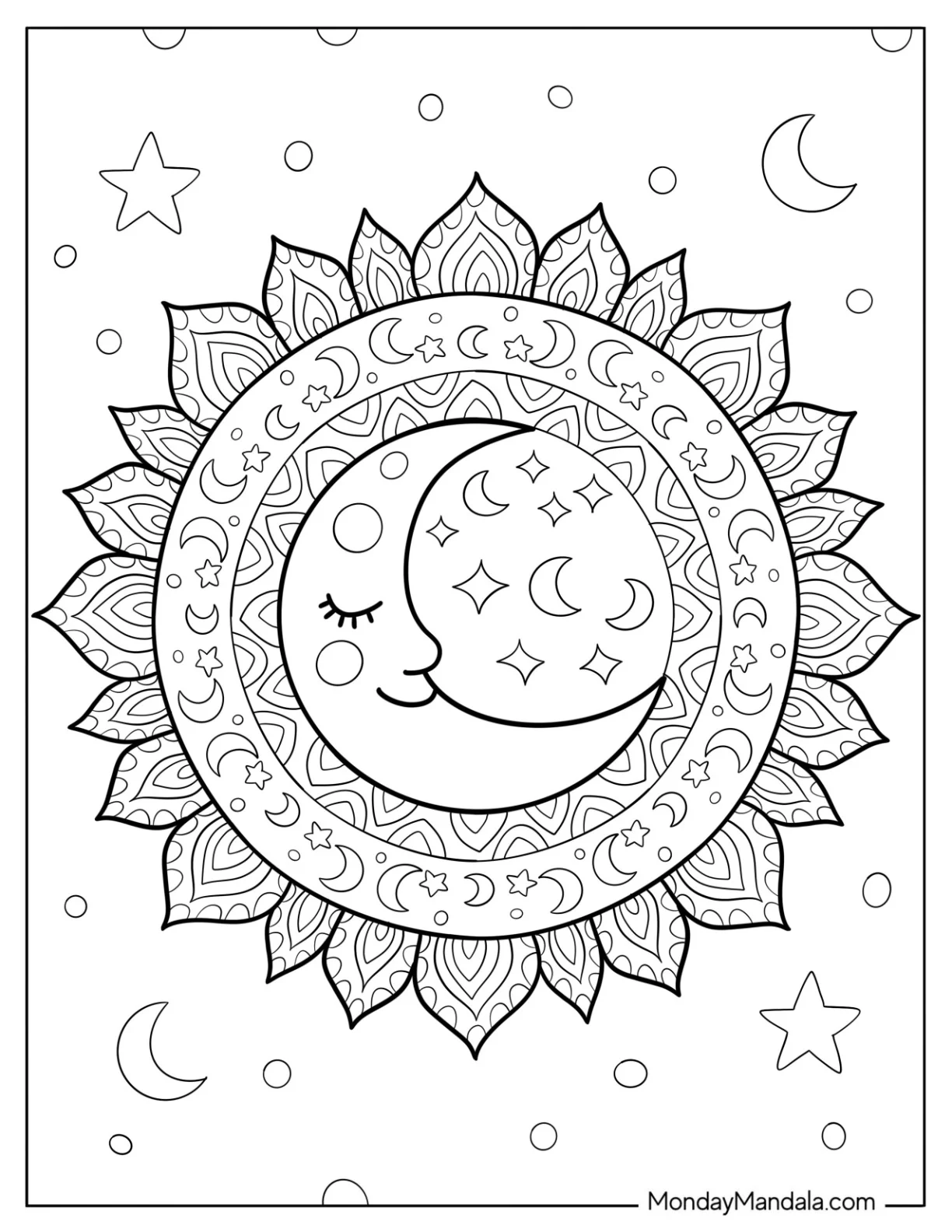 Crescent Moon Coloring Page Inside Flower Mandala for Kids coloring page
