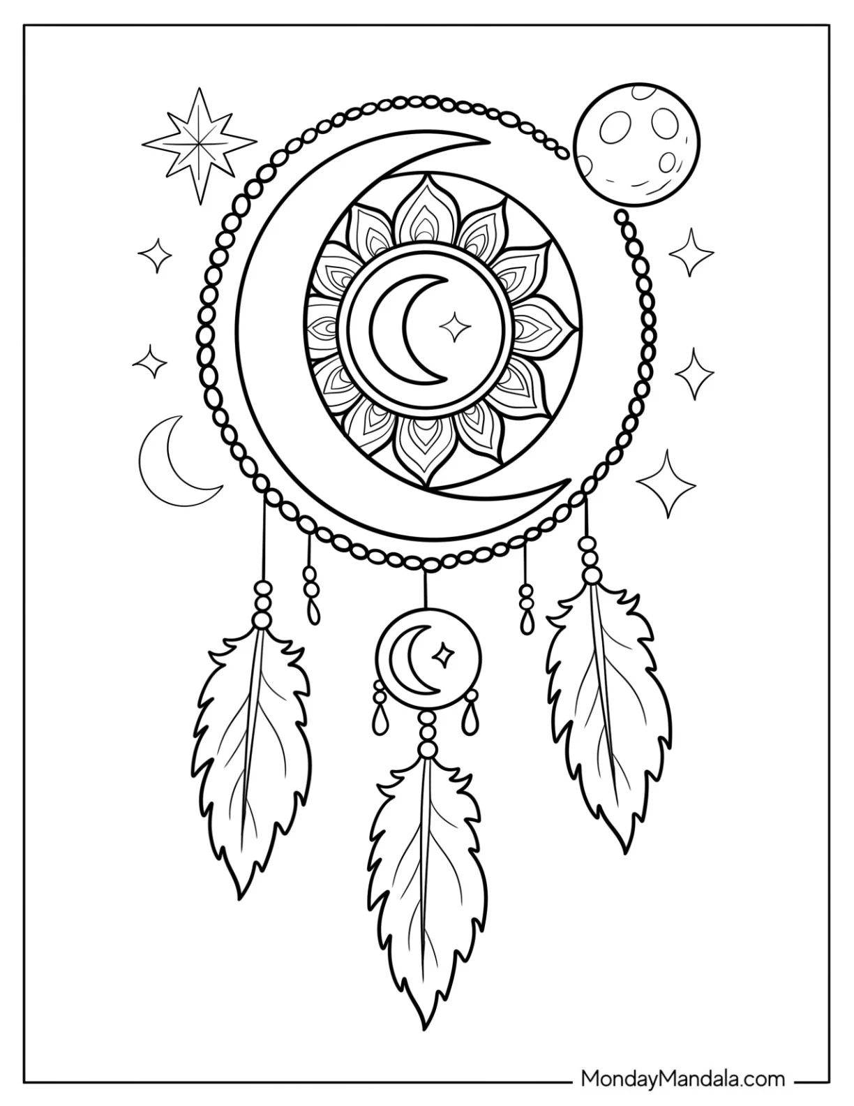 Crescent Moon Coloring Page Mandala Dreamcatcher with Beads and Flowers coloring page