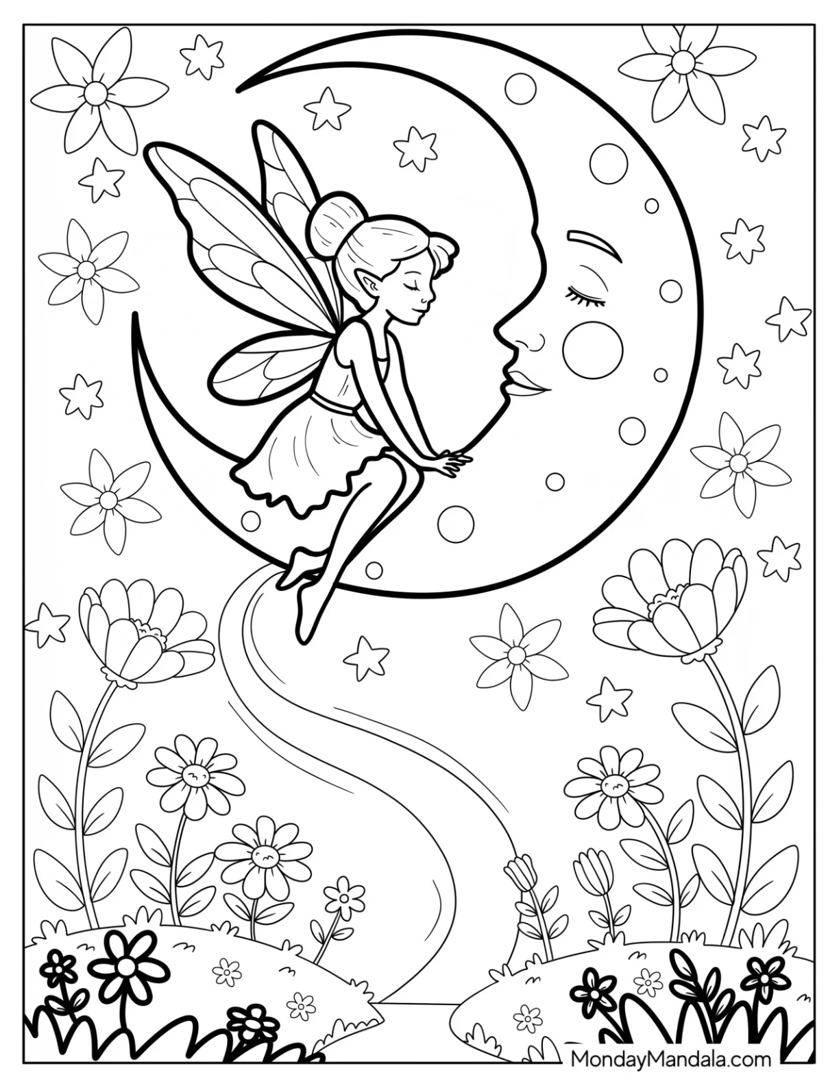 Fairy Resting on a Crescent Moon Coloring Page in the Forest coloring page