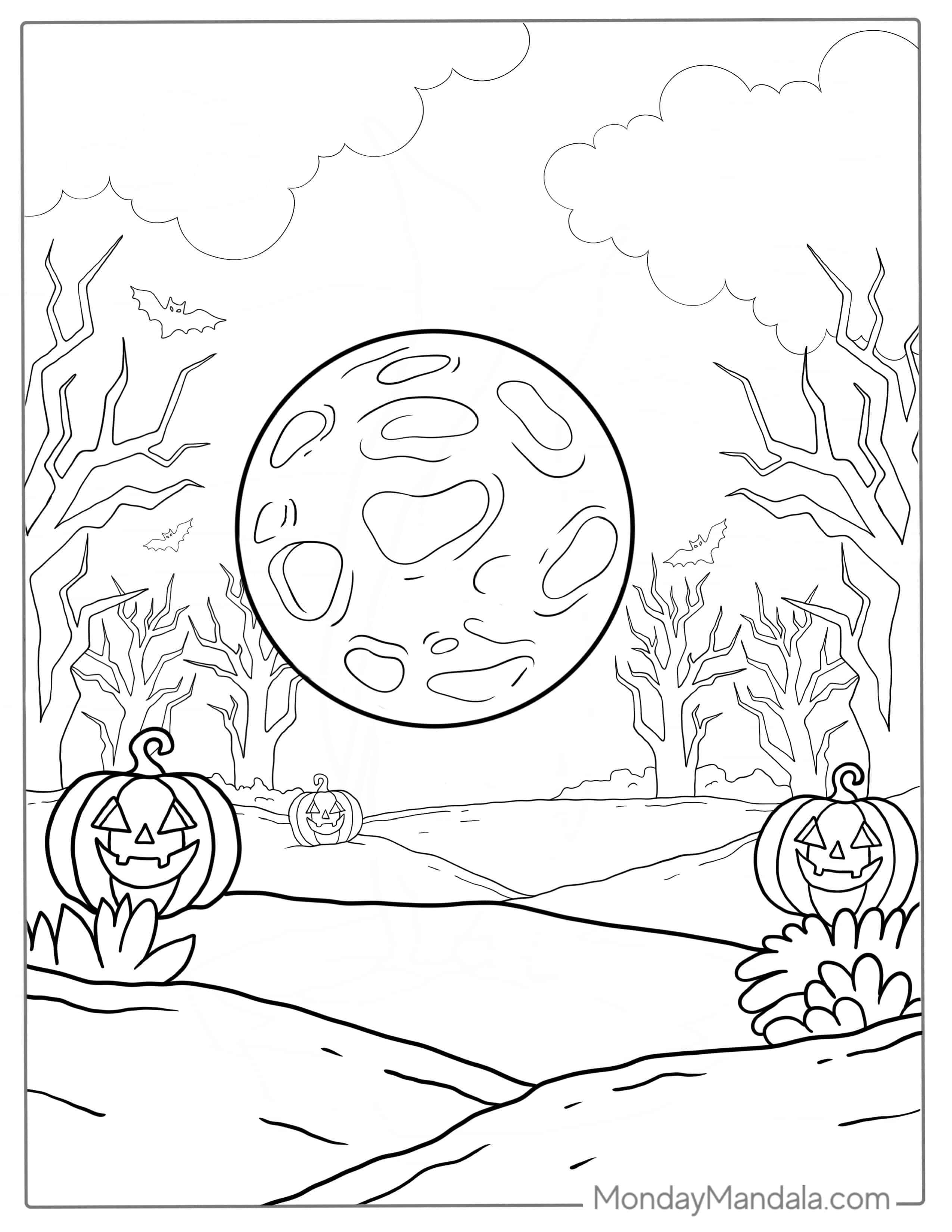 Full Moon In Spooky Forest For Halloween To Color coloring page