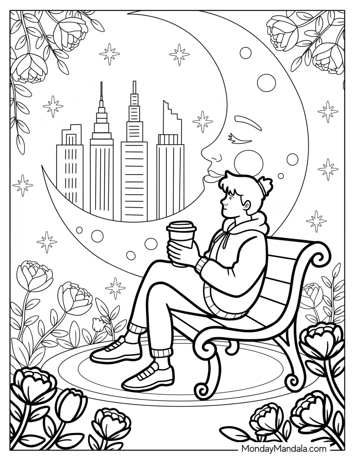 Girl Drinking Coffee on a Bench Beside a Pretty Crescent Moon Coloring Page coloring page