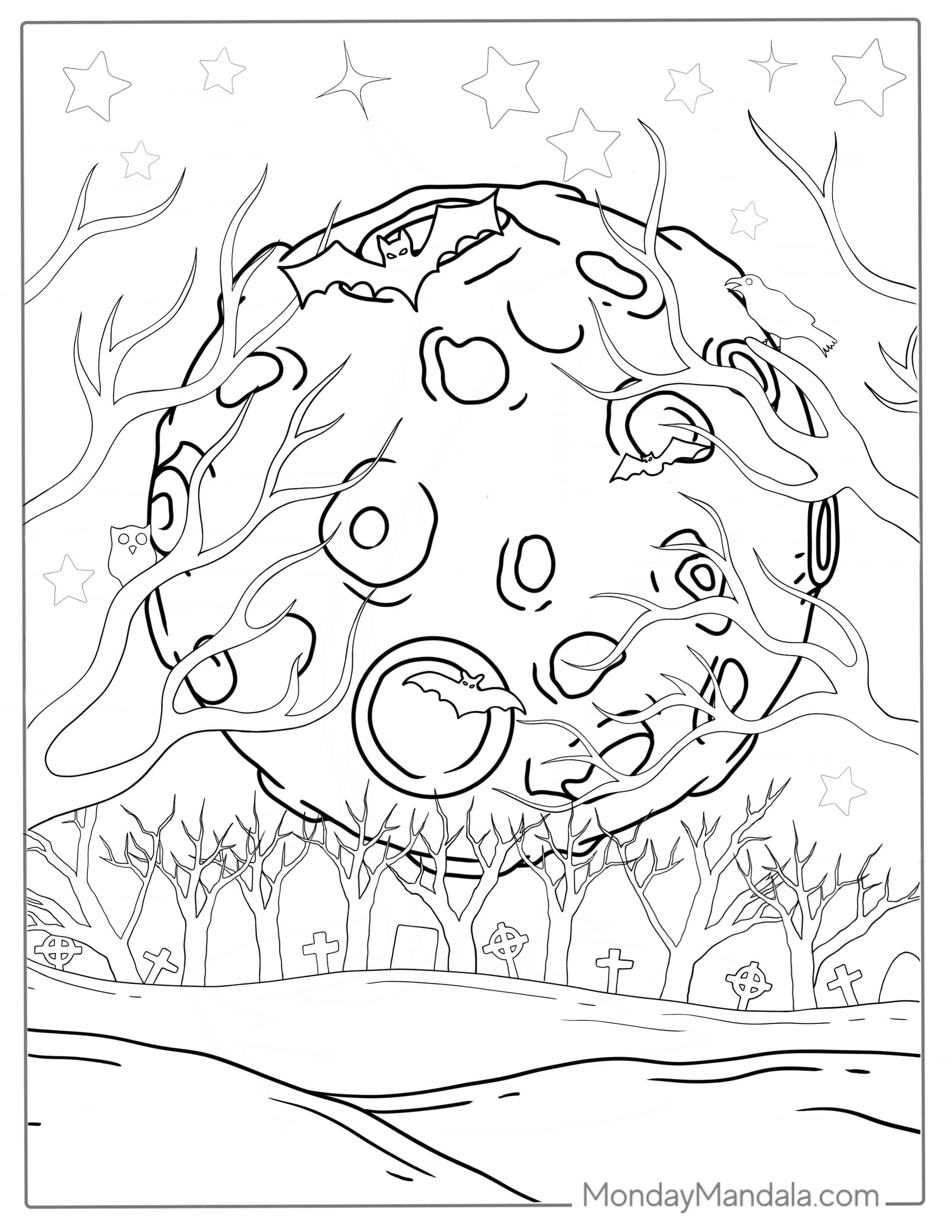 Halloween Themed Coloring Page With Big Full Moon coloring page