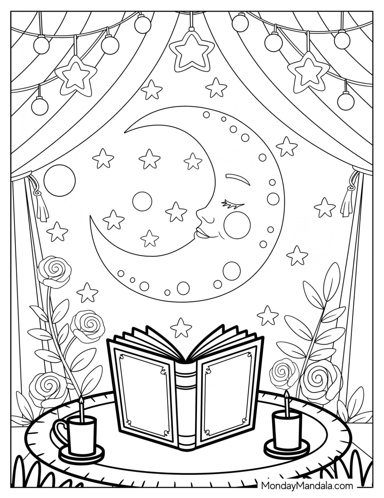 Magical Book and Candles on a Table Overlooking Crescent Moon Coloring Page From Tent coloring page