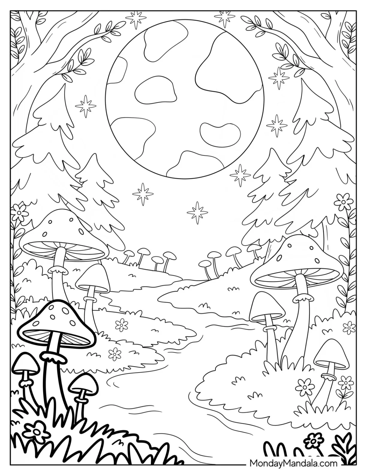 Massive Cratered Moon Coloring Page Hovering above a Mushroom Forest coloring page