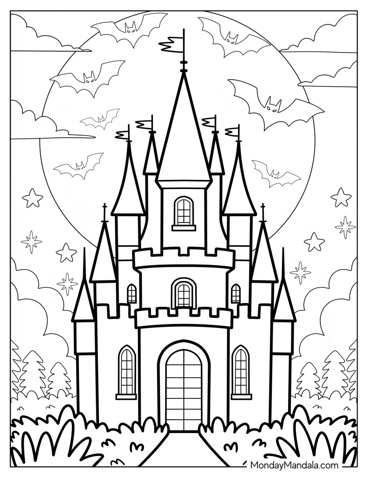 Massive Moon Coloring Page behind a Castle with Bats in the Sky coloring page
