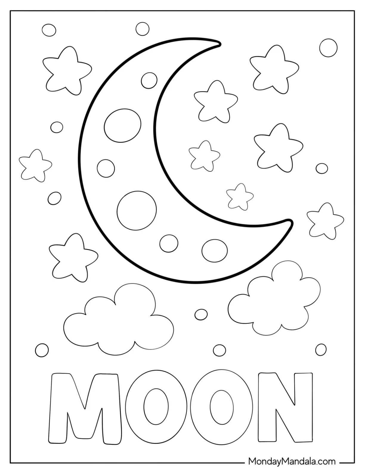 Moon Coloring Page Text Below Cute Crescent Moon with Small Stars and Clouds for Preschoolers.pdf coloring page