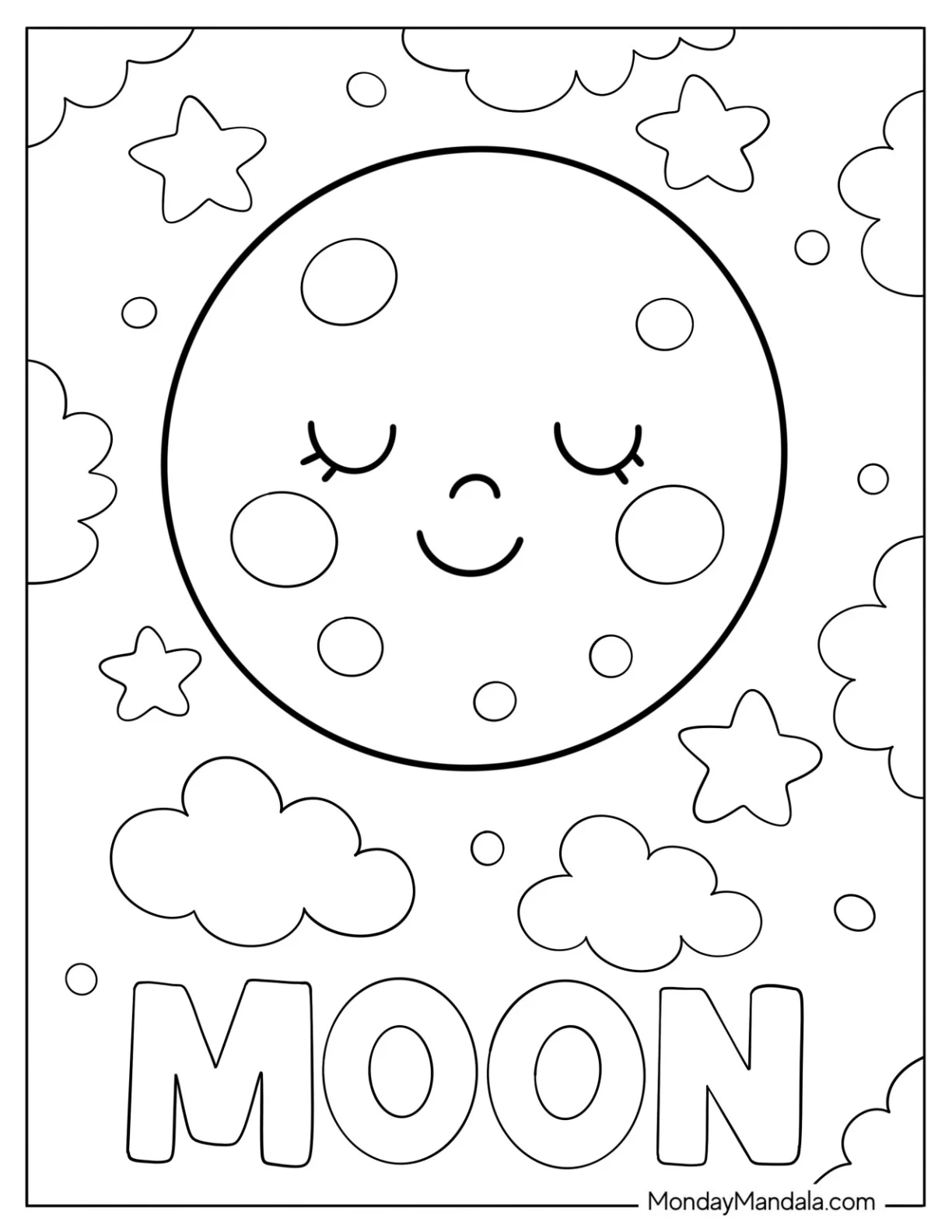 Peaceful Moon Coloring Page with Craters in the Night Sky for Preschoolers coloring page