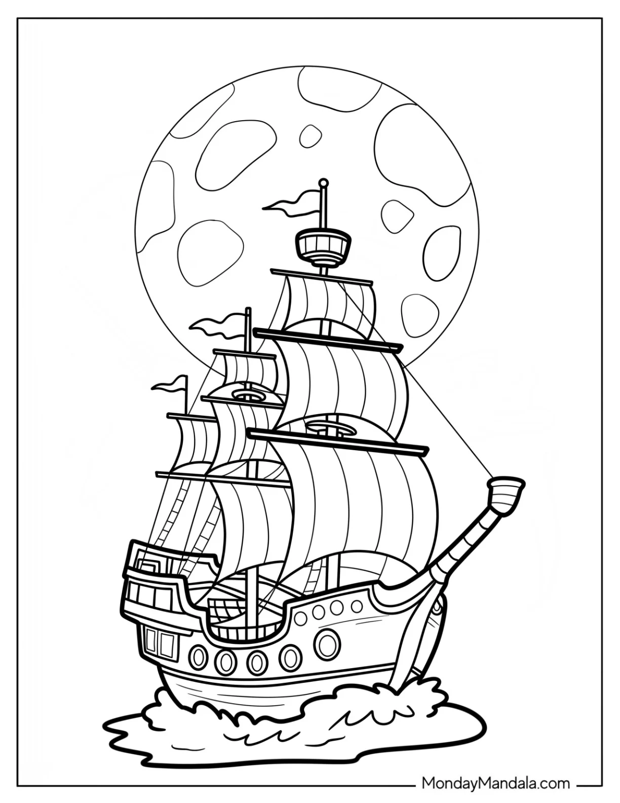 Pirate Ship Sailing Past Full Moon Coloring Page coloring page