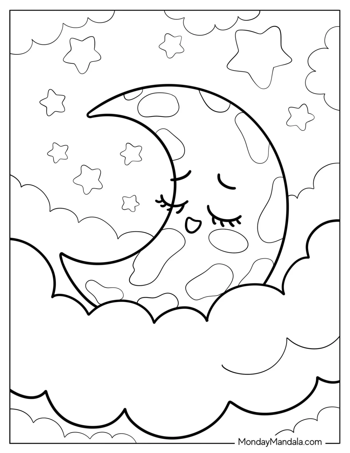 Sleeping Crescent Moon Coloring Page on a Cloud coloring page