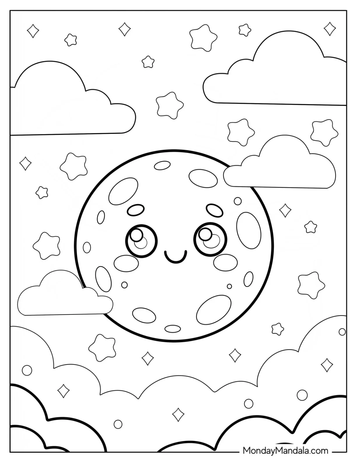 Smiling Cartoon Moon Coloring Page Surrounded by Stars and Clouds for Preschoolers coloring page