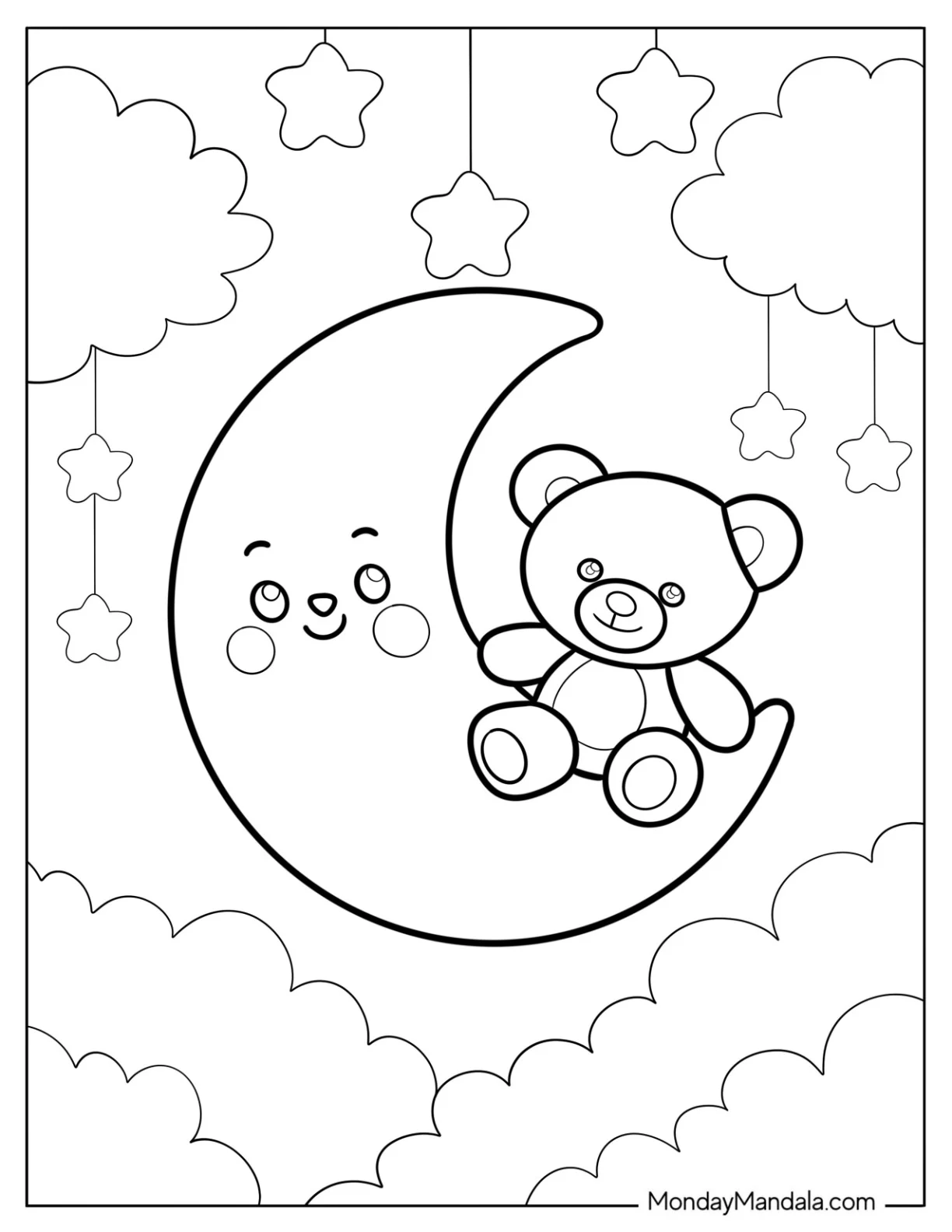 Teddy Bear Sitting on a Crescent Moon Coloring Page with Hanging Stars and Clouds for Kids coloring page