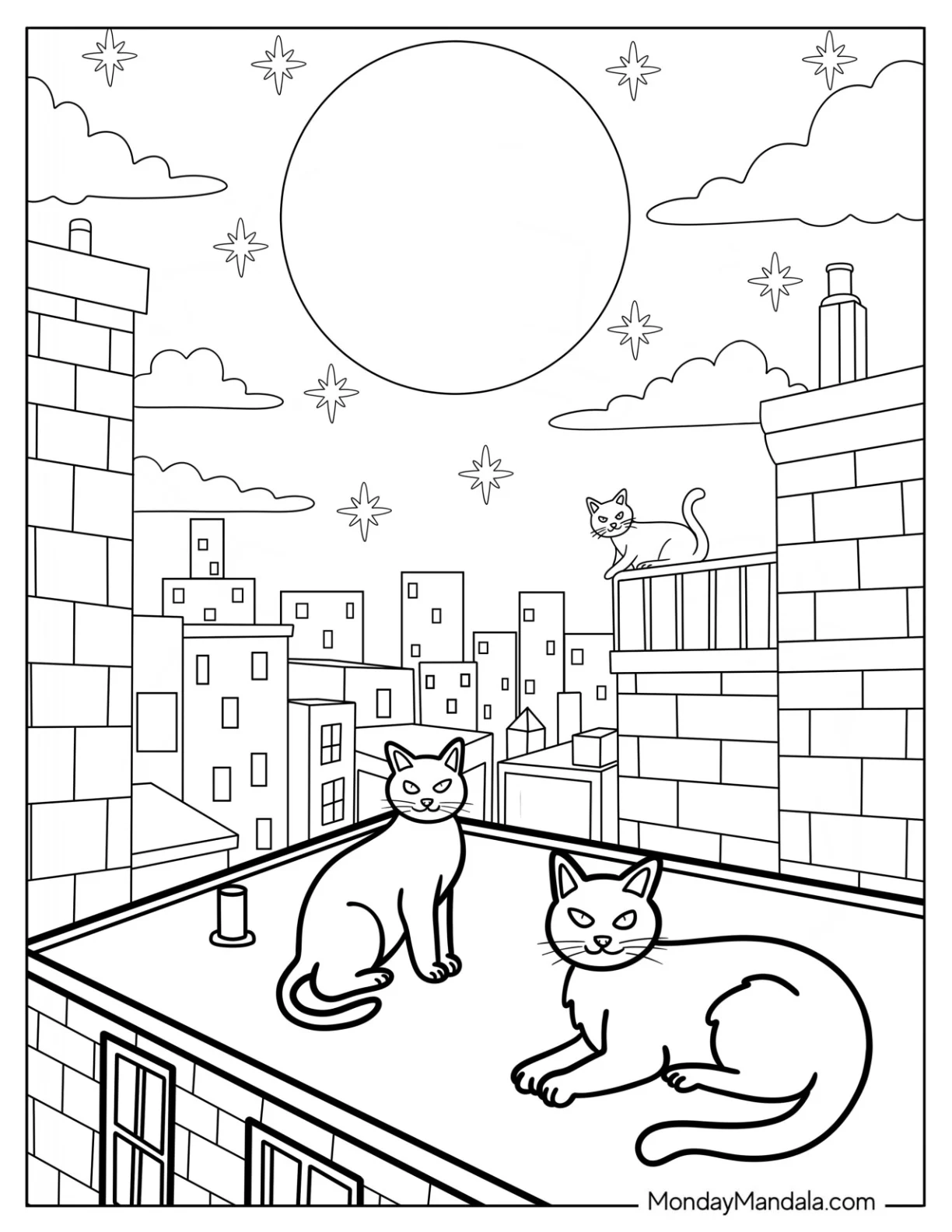 Two Mischievous Cats On the Rooftop with Full Moon Coloring Page in the Sky coloring page