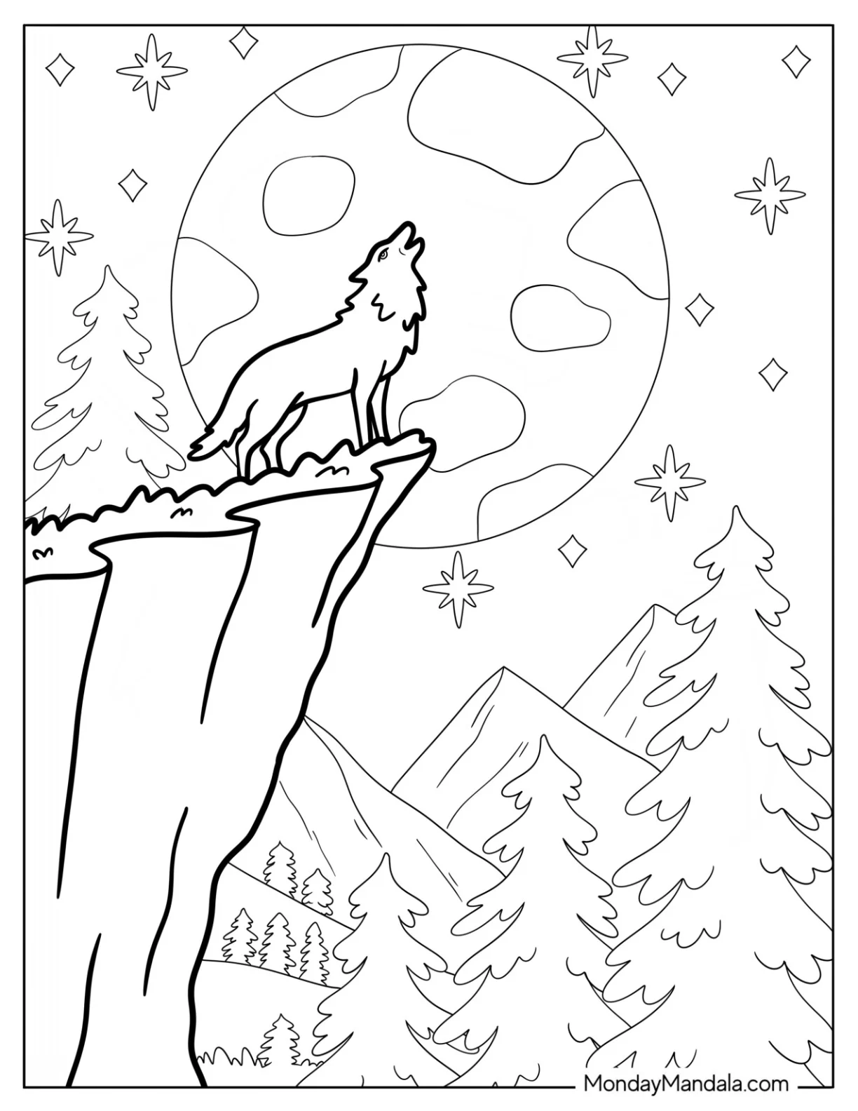 Wolf on a Cliff Howling at Cratered Moon Coloring Page for Kids coloring page