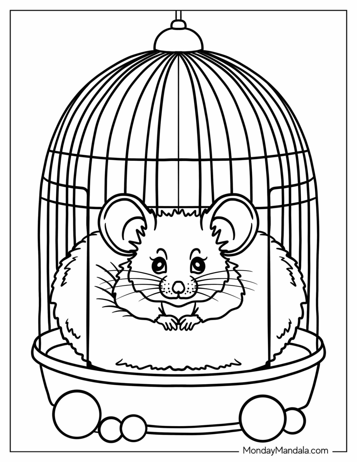 Adorable Mouse Coloring Page Curling Up Inside a Fluffy Nest in Its Cage for Preschoolers coloring page