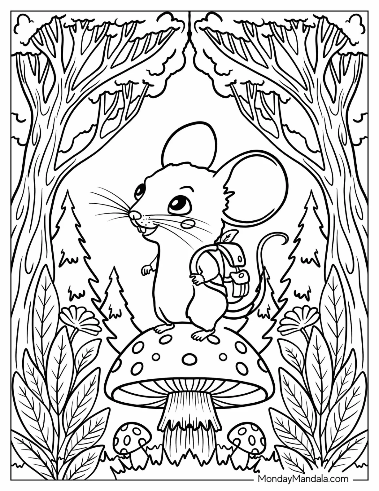 Adventurous Mouse Coloring Page Stands on a Toadstool in an Enchanted Forest coloring page — printable line art