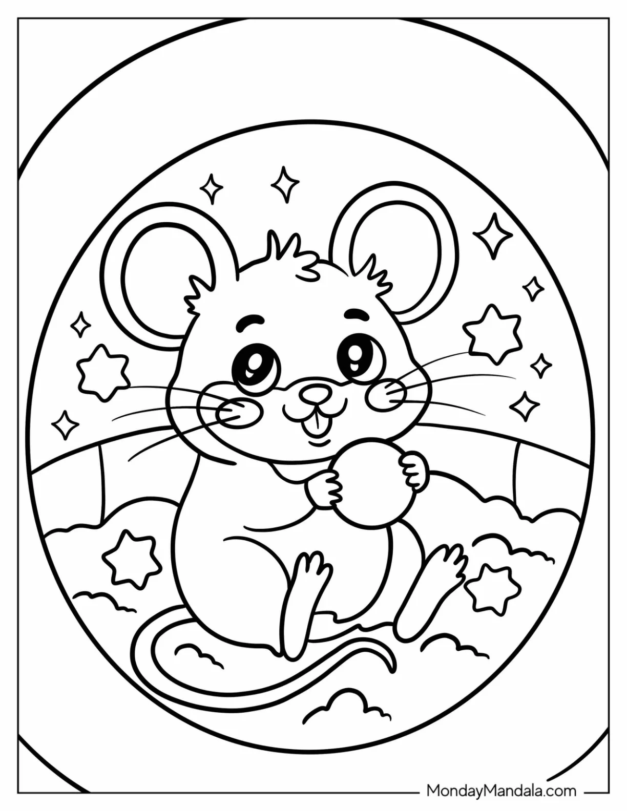 Cute Cartoon Mouse Coloring Page Holding a Star Ball in a Cloudy Night Sky for Kids coloring page