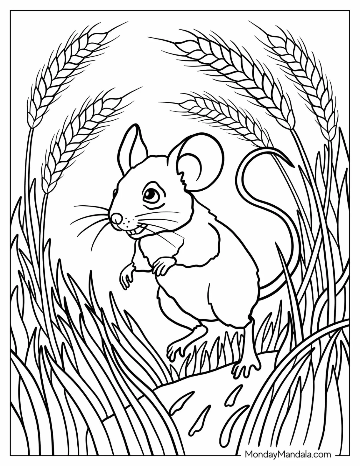 Field Mouse Coloring Page Standing in Tall Grass and Wheat Stalks coloring page