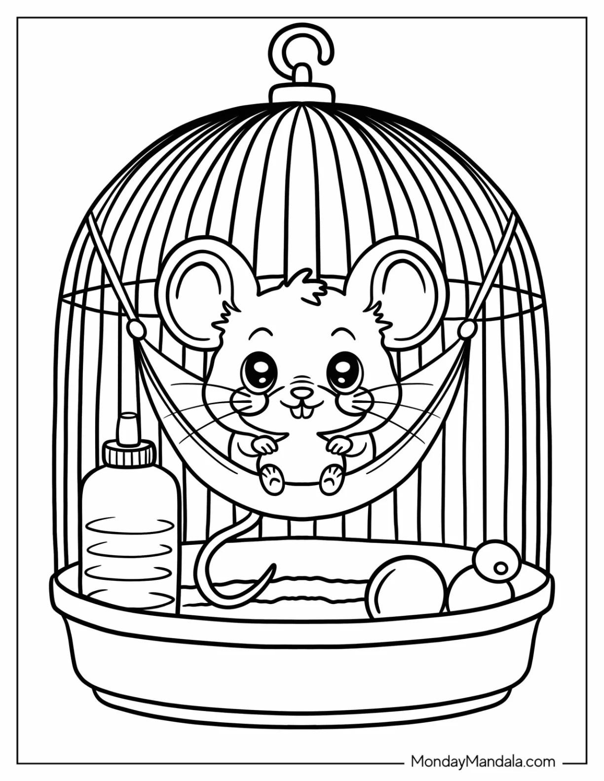 Happy Mouse Coloring Page in a Cage Hammock with Food and Water Bottle for Preschoolers coloring page